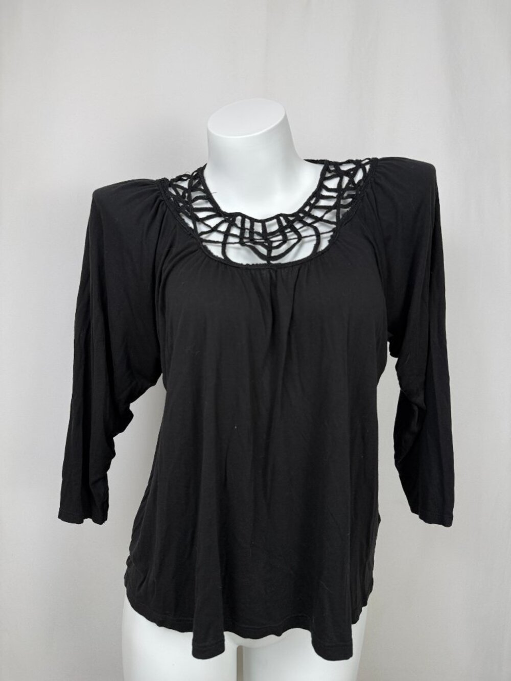 Anthropologie Women S Black Crochet Neck Blouse Viscose Boho Long Sleeve Top
